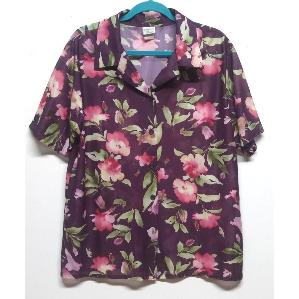 Haband Blouse Top shirt purple floral XL Button Front collared short sleeve EUC